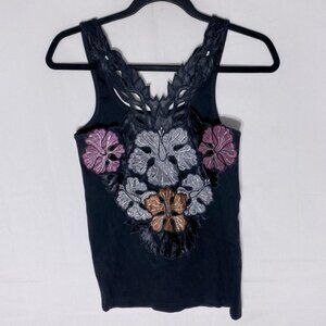 Simple Black Tank Top W Floral Appliqué M